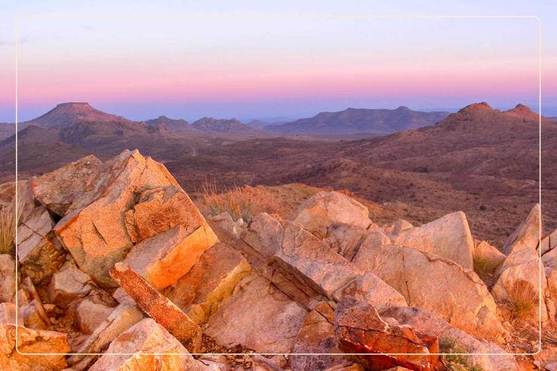 the sun sets on the Mojave National Preserve, a dog-friendly national park where one can go hiking with dogs