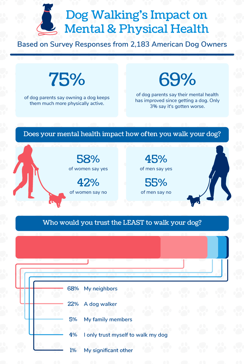 an infographic displaying stats about dog walking’s impact on mental and physical health