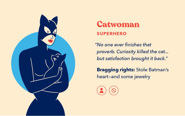 a cat lady illustration of Catwoman with her black cat named Isis